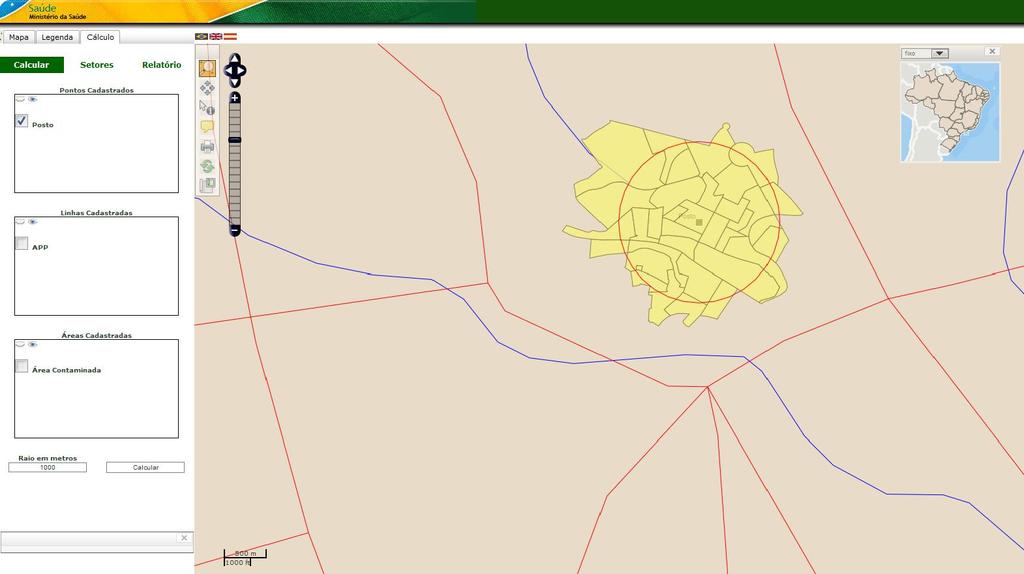 O sistema irá efetuar o cálculo e desenhará no mapa o buffer em torno do objeto, com os