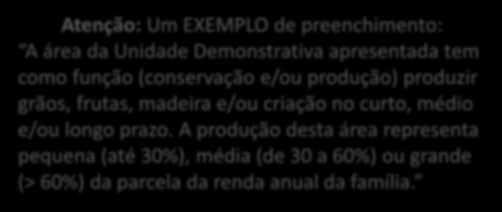 Preencher a segunda aba Identificação Nesta aba, serão necessárias mais informações sobre a propriedade e a família produtora Atenção: Um EXEMPLO de preenchimento: A área da Unidade Demonstrativa