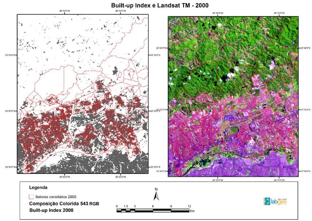 Landsat TM, na composição colorida falsa cor R (5) G (4) B (3), onde é possível se observar as áreas de