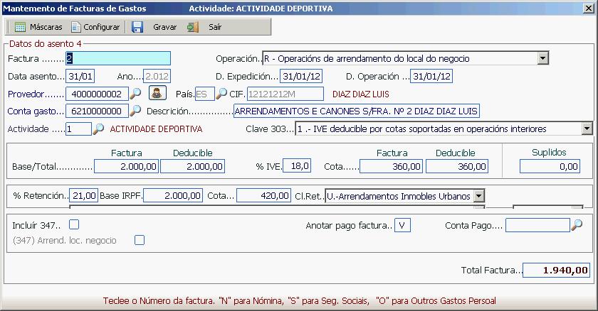 ANOTACIÓN DA FACTURA Ao anotar a factura, a aplicación propón o que o provedor