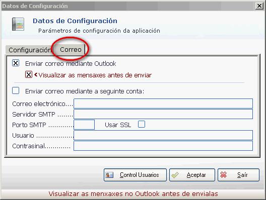 Correo: Neste apartado o usuario pode configurar como quere enlazar a aplicación cos envíos de correo electrónico que pode realizar con ela.