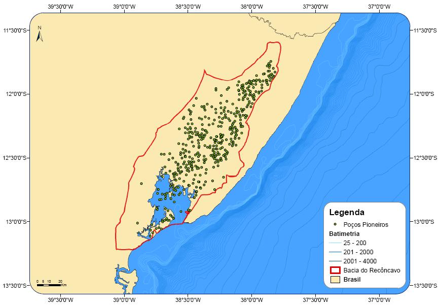 Figura 10: Mapa mostrando a distribuição da perfuração de poços pioneiros na bacia do Recôncavo. Fonte: ANP / BDEP WebMaps, Novembro de 2006.