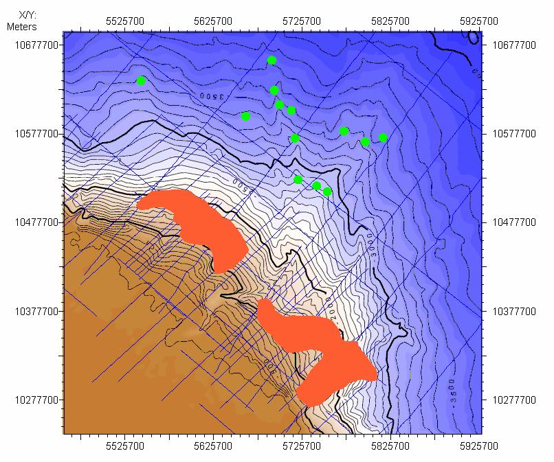 Melo, Silva & Reis 5 Figura 3 - Ocorrências de hidratos de gás (em vermelho) no leque submarino do Amazonas marcando duas áreas