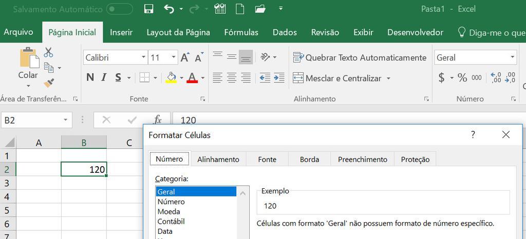 Na guia Números do formulário de formatação observa-se o campo Categoria com diversas opções. Escolhendo uma delas, o campo Exemplo apresenta como ficaria a formatação do número presente na célula.