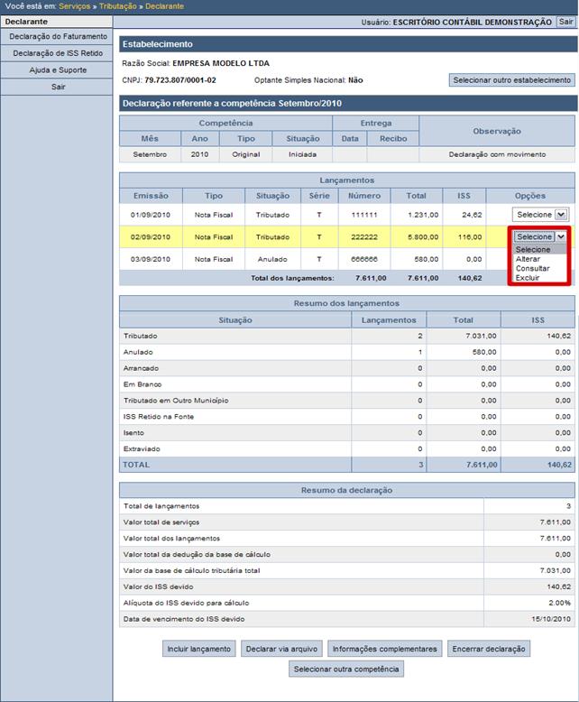 Através do quadro resumo da declaração o declarante tem a sua disposição informações como quantidade de documentos fiscais lançados, valor total dos serviços, valor total dos lançamentos, valor total