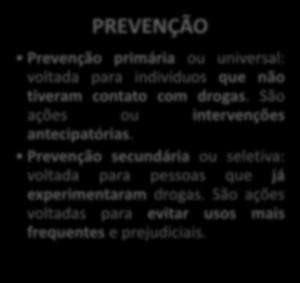 POLÍTICA SOBRE DROGAS PREVENÇÃO Prevenção primária ou universal: voltada para indivíduos que não tiveram contato