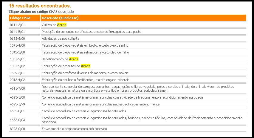 Ao selecionar um item da lista ou caso o CNAE for pesquisado diretamente, será