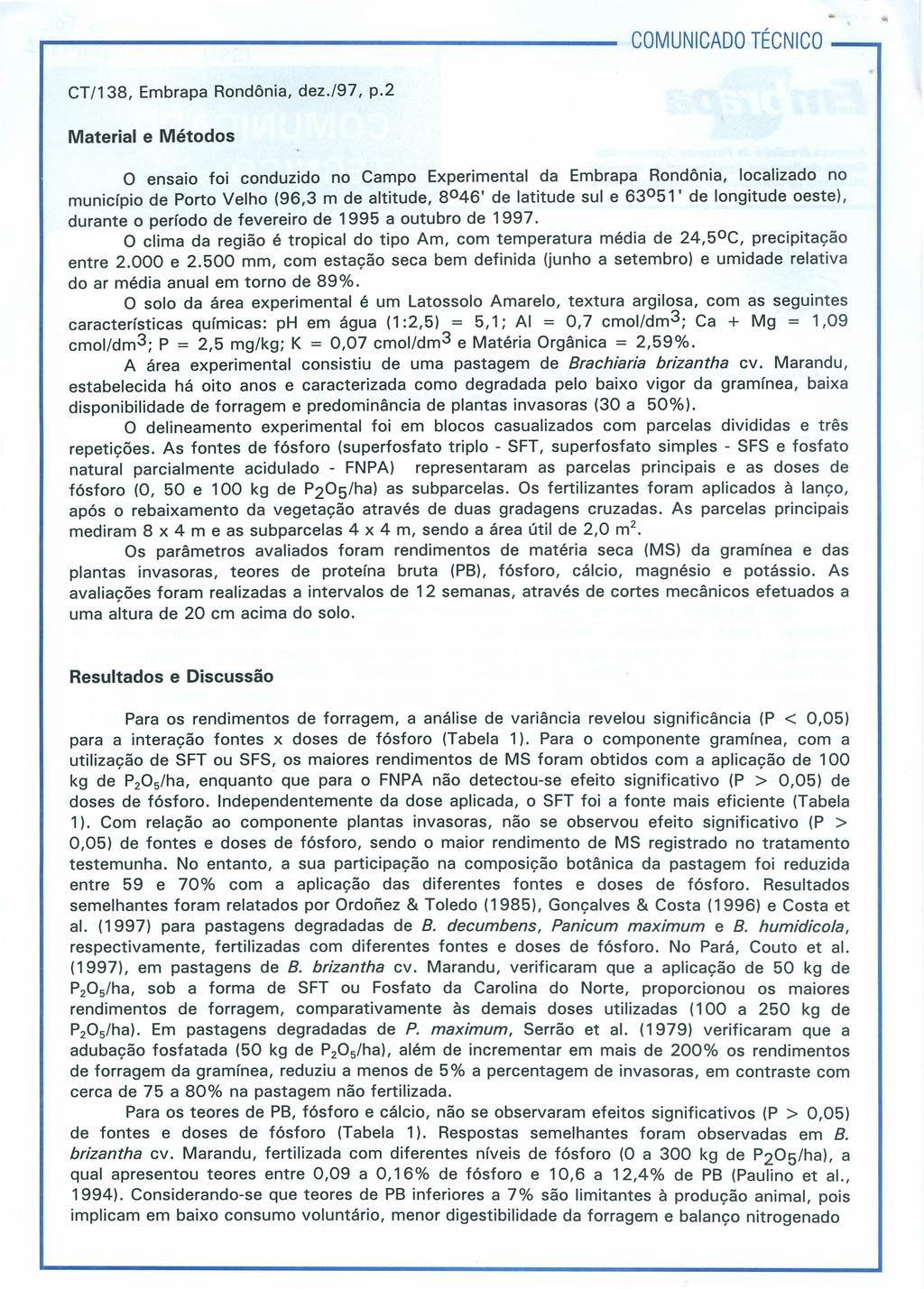 COMUNICADO TÉCNICO CT/138, Embrapa Rondônia, dez./97, p.