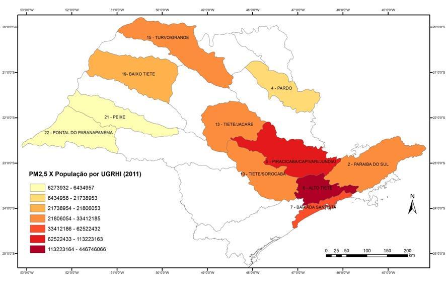 Média de MP 2,5 x População por UGRHI O mapa representa o produto da relação entre a população total e
