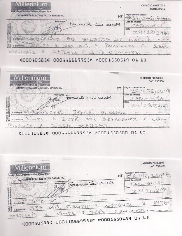 Anexo I: Cópias de três cheques da Administração do Distrito