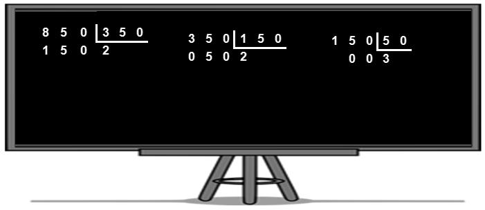 15. Observa o trabalho realizado pela Joana na sala de aula. Com base no trabalho da Joana completa as expressões: - Os divisores comuns a 850 e 150 são os divisores de. - m.d.c.(850, 150) =. 16.