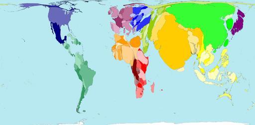 ANAMORFOSE Mapa II - representa cada parte do mundo com uma dimensão proporcional ao total de população.