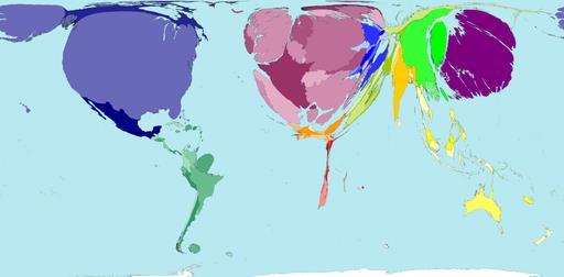 ANAMORFOSE Mapa III - representa cada parte do mundo com uma dimensão proporcional à renda per
