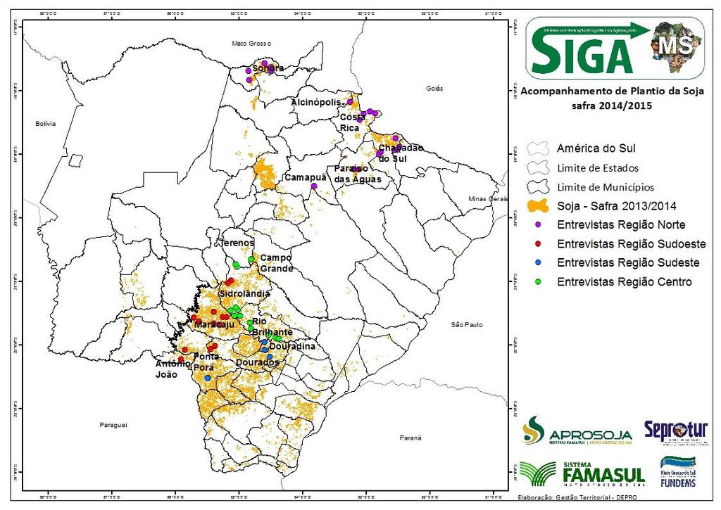 No mapa 1 observa-se as 50 localizações visitadas pelos técnicos entre os dias 13 a 16 de outubro, onde foram realizadas as entrevistas de acompanhamento de plantio da soja safra 2014/2015.