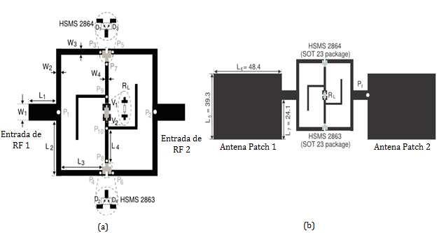 Figura 2.9 rectenna 9:(a) Dimensões do circuito retificador projetado e (b) Dimensões da rectenna completa (Takhedmit, et al., 2013).
