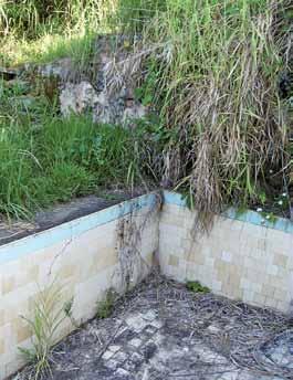 Esta se encontra parcialmente escondida pela vegetação, e é interrompida por uma escada de acesso ao