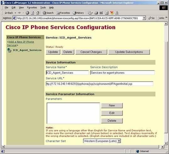 2. Na página de configuração dos serviços do Cisco IP Phone, incorpore esta informação:nome do serviço: Dê entrada com o nome do serviço que será mostrado no indicador dos serviços de telefone IP.