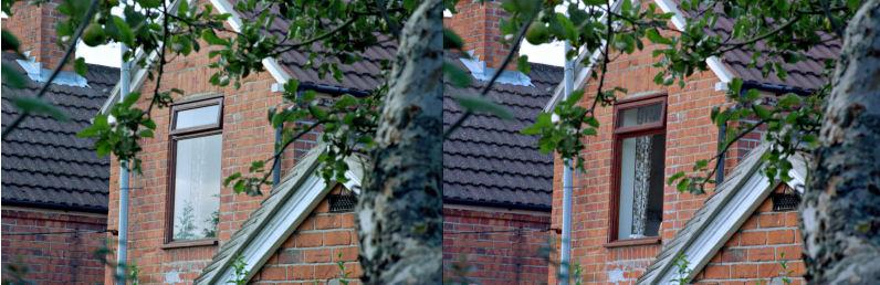 Aplicações Ângulo Brewster: Fotografia tirada de uma janela com um filtro polarizador câmera girou a dois ângulos diferentes.