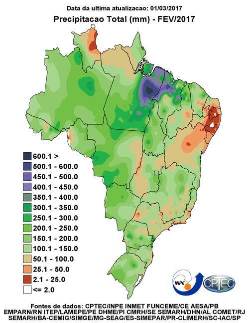 Mapa 2.3 Total de chuva para o mês de fevereiro de 2017 Mapa 2.