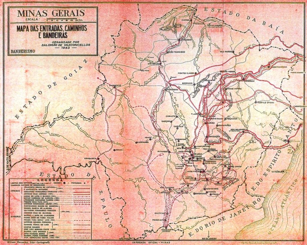 MAPA 4 Mapa das entradas, caminhos e bandeiras. Fonte: VASCONCELLOS, 1944. Vianna (2007) formula duas hipóteses para o trajeto feito por Espinosa-Navarro.