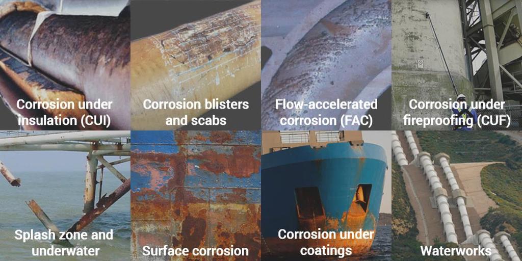 Aplicações PEC Corrosão Sob Isolamento (CUI) Bolhas de corrosão e incrustações Corrosão Acelerada por Fluxo (FAC)