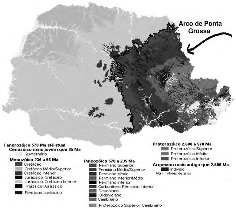 Patrimônio natural da rota dos tropeiros, nos Campos Gerais-Paraná-Brasil 55 Figura 2: Quadro geológico do Paraná: Bacia Sedimentar do Paraná- Arco de Ponta Grossa. Fonte: MINEROPAR.