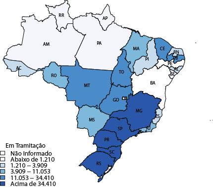 Mapa 1 Número de Processos Distribuídos na Justiça Estadual pela Competência Delegada Mapa 2 Número de Processos Distribuídos nas Varas Federais Analogamente aos mapas 1 e 2,