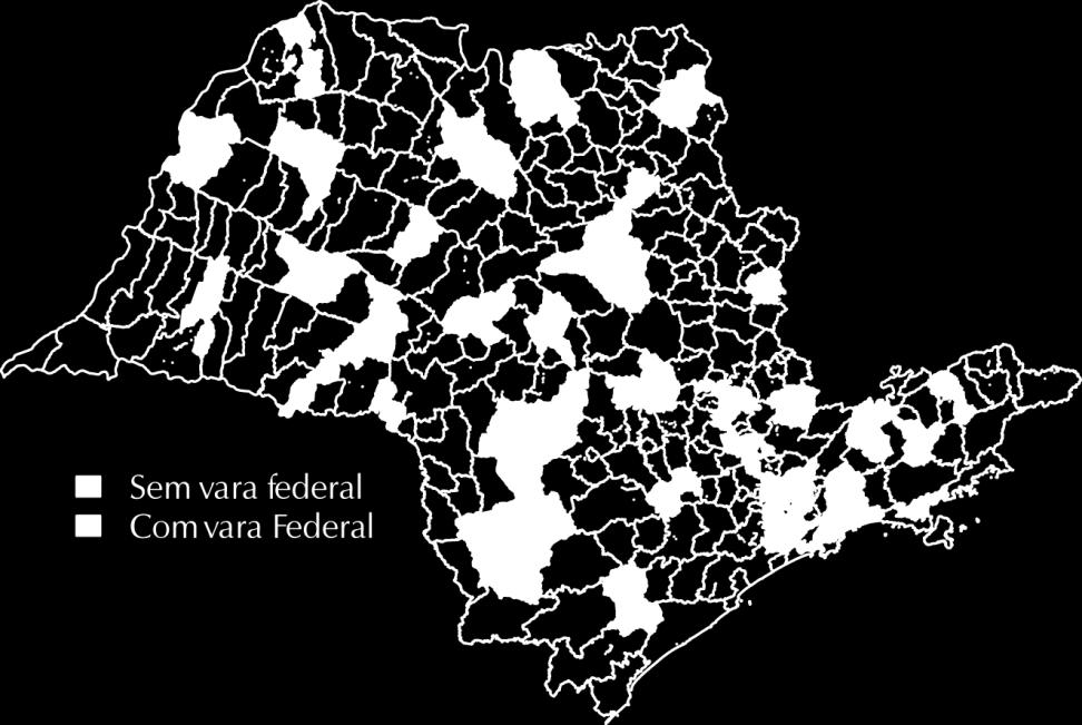 O mapa 5 apresentado a seguir demonstra a distribuição geográfica das comarcas estaduais e das subseções judiciárias federais.