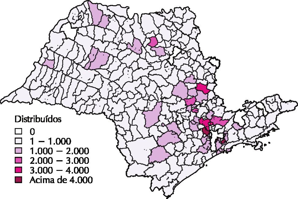 O mapa 6 demonstra que as comarcas com maior distribuição de processos seguem a tendência populacional, concentrando-se no espaço territorial limítrofe à área da capital estadual e adjacências.