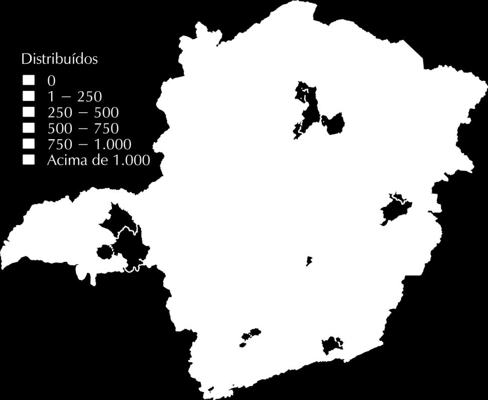 Mapa 10 Processos de Competência Delegada Distribuídos em 2011 no Estado de Minas Gerais por Comarca A análise do mapa referente à tramitação processual (mapa 11) apresenta algumas similaridades