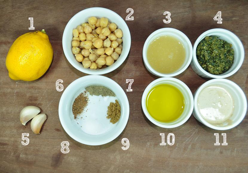 1- Suco de 1 limão siciliano; 2-400g de grão de bico cozido e drenado; 3-6 colheres de sopa (ou 90 ml) de caldo; 4-3 colheres de sopa de pesto genovese (receita); 5-3 dentes de alho; 6- ½ colher de