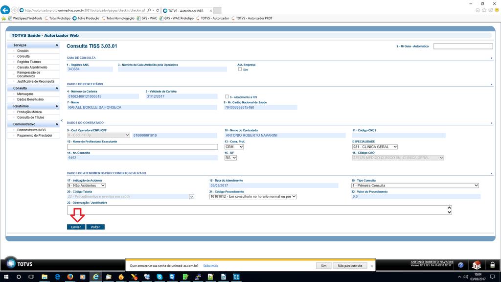 Registrando Consultas: Após ser realizado o checkin do beneficiário basta clicar no menu consulta conforme abaixo: Após clicar no menu consulta será exibido os dados da guia de consulta e os campos