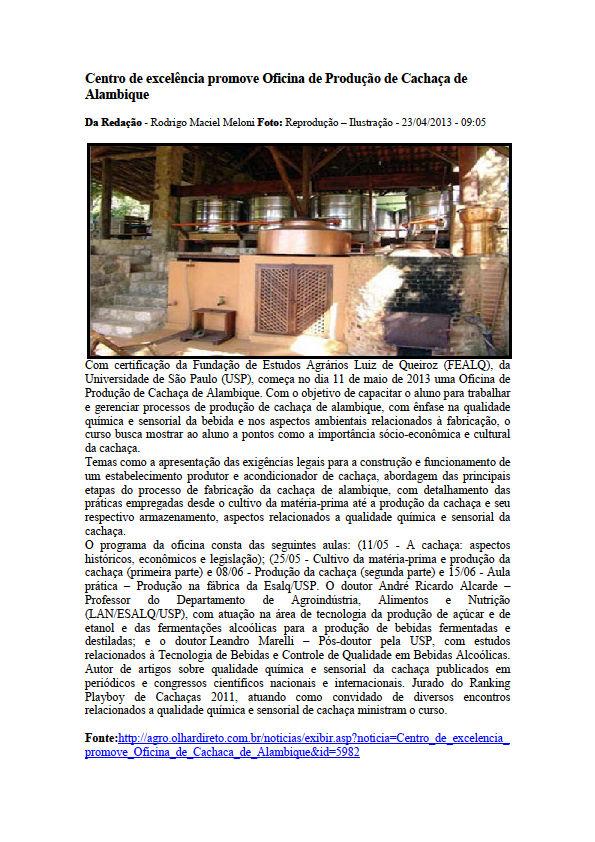 ANEXO XXXIV Centro de excelência promove oficina de Produção de cachaça de Alambique Fonte:agro.olhardireto.com.