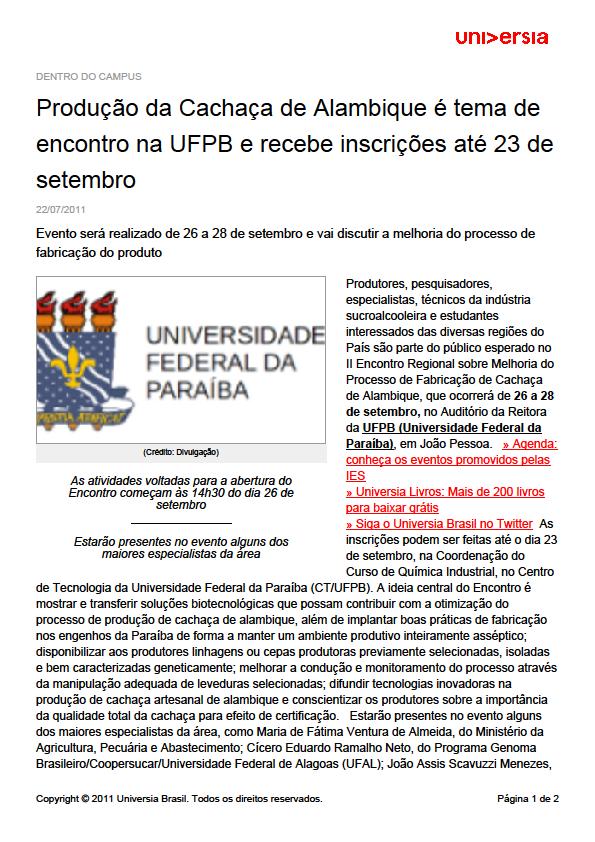 ANEXO XXVII- Produção de Cachaça de Alambique é tema de encontro na UFPB e recebe inscrições até 23 de setembro