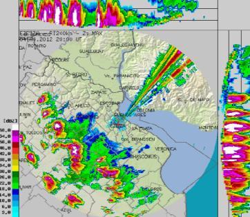 Figura 5: Imagens do radar meteorológico de Ezeiza (Buenos Aires) para as 20:00, 22:30 e 23:50 UTC.