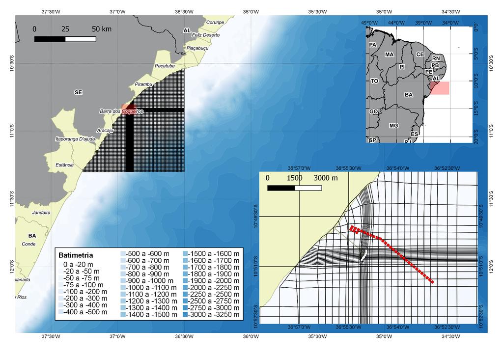 Figura 15 Grade numérica desenvolvida para as simulações de ondas em contexto regional.