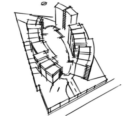Em planta baixa, 4 edificações são dispostas no terreno delimitando um espaço interno elíptico, por onde
