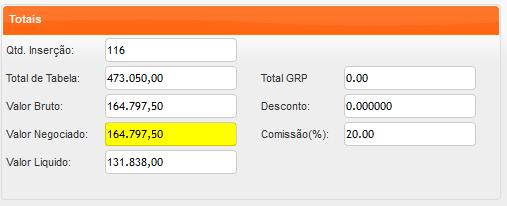 Passo 5º O valor Negociado pode ser editado, o sistema calcula automaticamente o percentual