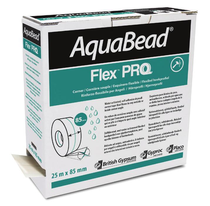 A AquaBead dispõe de um adesivo que, ativado com água, proporciona uma fixação superior diretamente na placa de gesso, permitindo, graças às perfurações, que a massa adira à superfície da placa de