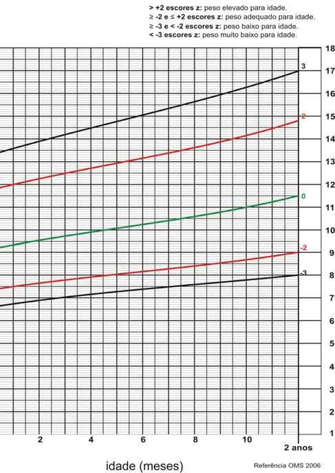 Várias medidas de crescimento colocadas como pontos no gráfico ao longo do tempo e unidas entre si formam uma linha, como podemos observar abaixo: Gráfico 1 Peso X Idade de 0 a 2 anos.