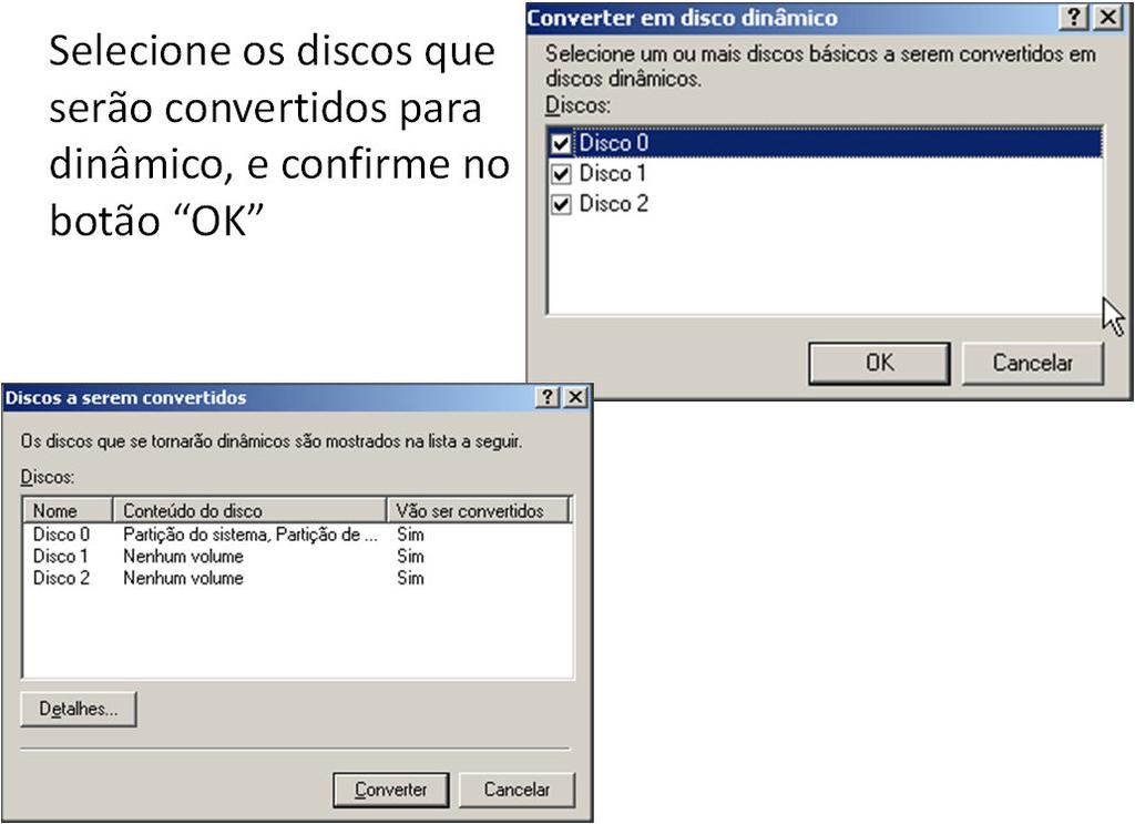 Selecione os discos que serão convertidos para dinâmico, e confirme no botão OK Confirme a conversão dos