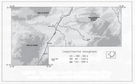 72 MORFODINÂMICA FLUVIAL CENOZÓICA EM ZONAS DE CONTATO ENTRE FAIXAS MÓVEIS E CUNHAS TECTÔNICAS NA REGIÃO SUL DE MINAS GERAIS Figura 7 Carta de Domínios Hipsométricos (Magalhães Jr.