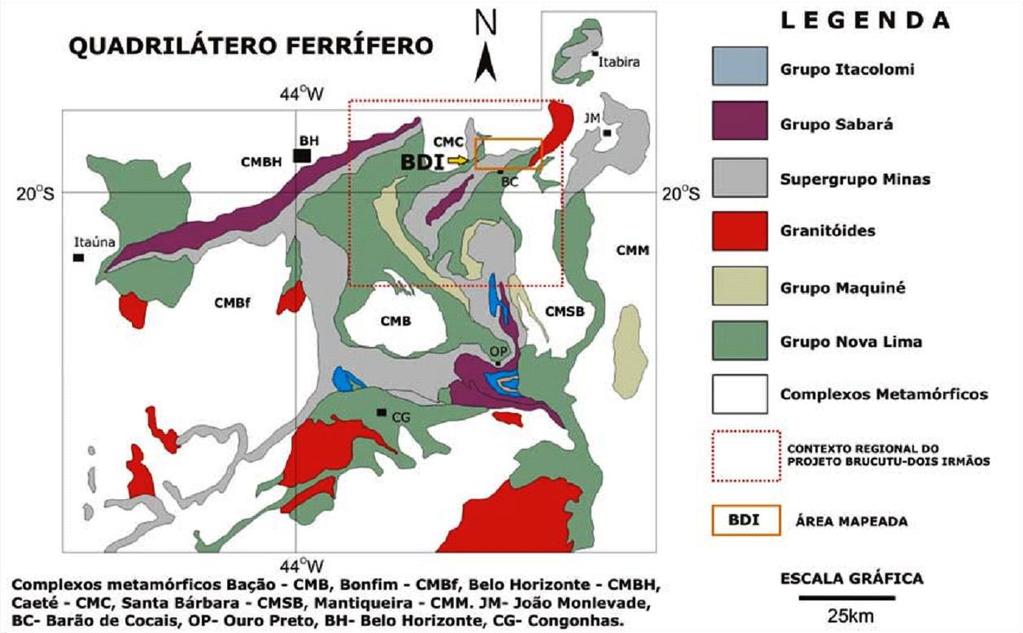 Arroyo C E O., 2014, Caracterização Geometalúrgica e Modelagem Geoestatística da mina Brucutu A mina de Brucutu situa-se na extremidade oriental do segmento nordeste do Sinclinal Gandarela (Figura 2.