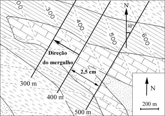 Fig. 18. Contornos estruturais e determinação do mergulho das camadas O azimute da camada de calcário é de N30 e a direção do mergulho é indicada pelos contornos geológicos (V no vale).