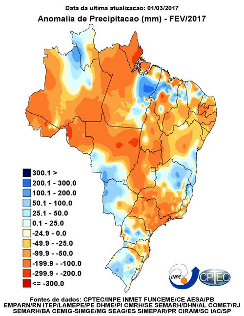 companhamento da 2 a safra 2016/2017 em Mato Grosso 2 Figura 2. Mapas de precipitação acumulada () e anomalia de precipitação acumulada () referentes ao mês de fevereiro de 2017. Figura 3.