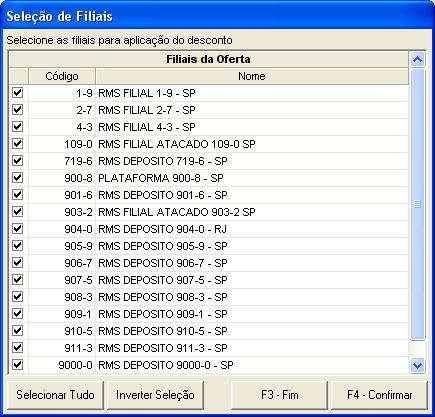 Função Aplicar Desconto por Filial Esta função permite incluir ou excluir quais as FILIAIS farão
