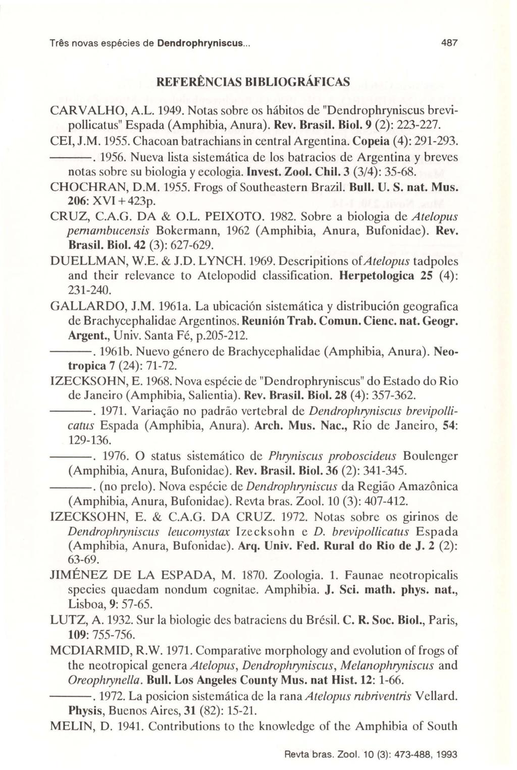 Três novas espécies de Dendrophryniscus... 487 REFERtNCIAS BIBLIOGRÁFICAS CARV ALHO, A.L. 1949. Notas sobre os hábitos de "Dendrophryniscus brevipollicatus" Espada (Amphibia, Anura). Rev. Brasil.
