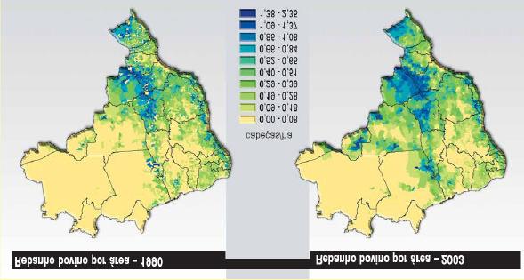 [20] Fonte: Carlos Nobre, Apresentação na FIOCRUZ, 2008 Figura 17- Distribuição Espacial do rebanho bovino na Amazônia Legal (cabeças/ha) nos anos 1990 e 2003.