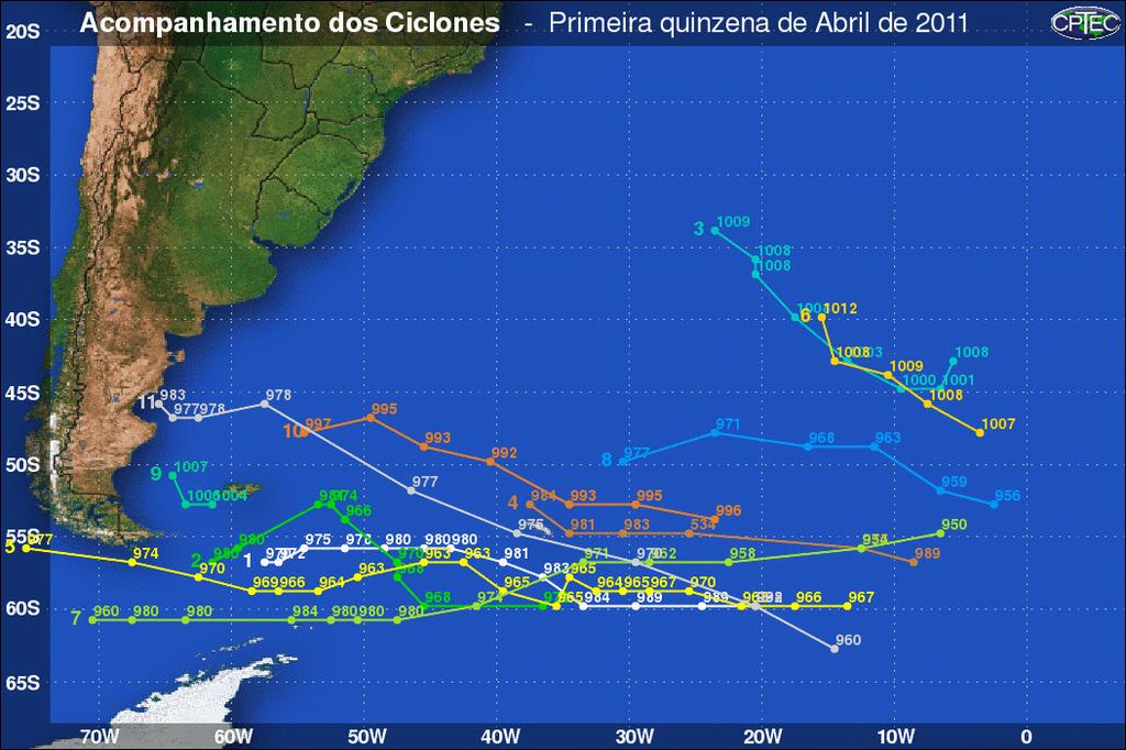 Figura 5a Acompanhamento dos ciclones ocorrido durante a primeira quinzena do mês de abril de 2011. Em cada ponto está plotado o valor mínimo de pressão do ciclone.