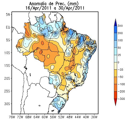 Anomalias negativas de temperatura foram observadas no oeste de MT, sul de RO e do AC.